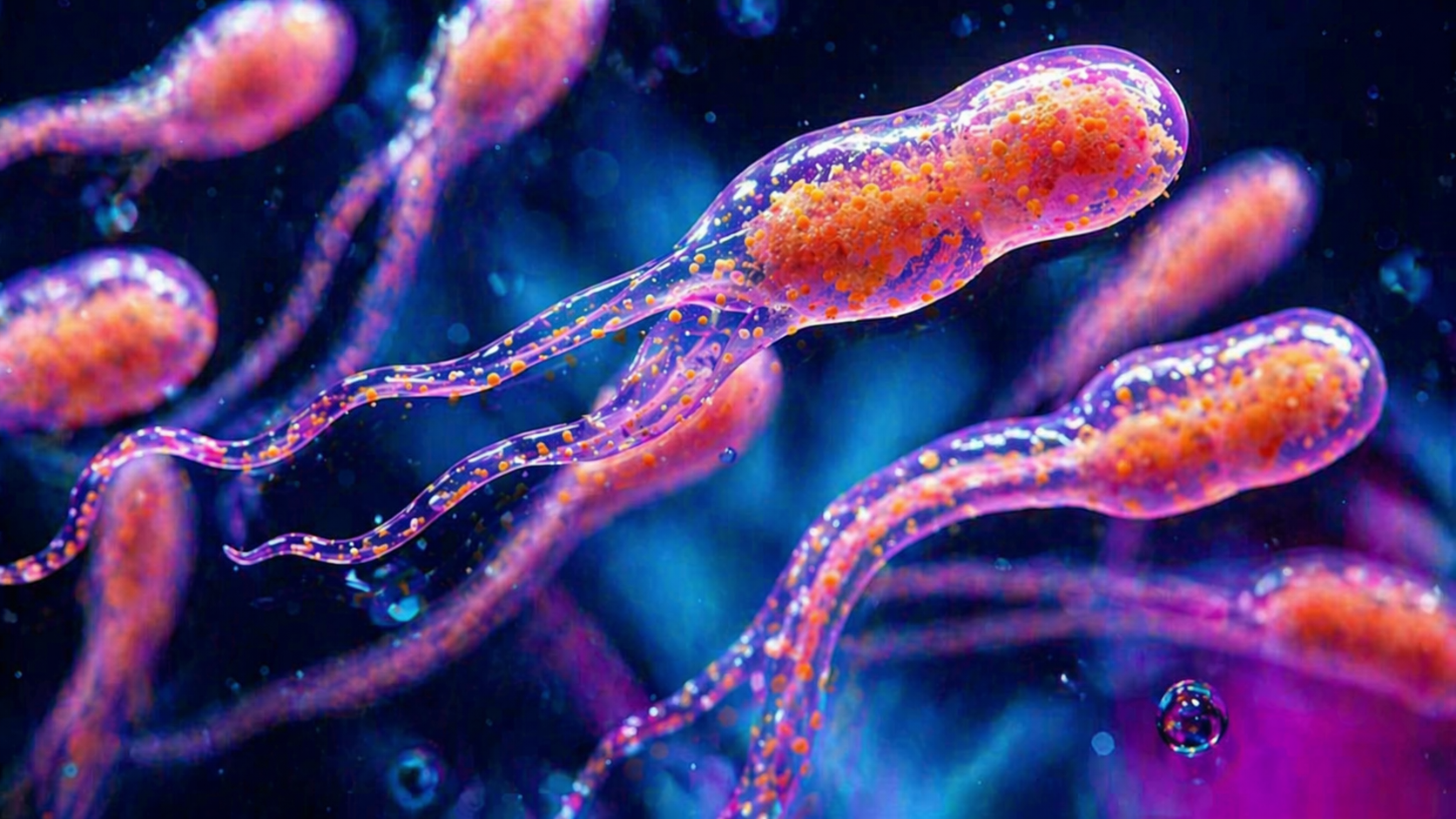 Scientific 3D illustration of sperm cells interacting with diverse microorganisms, representing the seminal microbiome in a high-tech medical style.