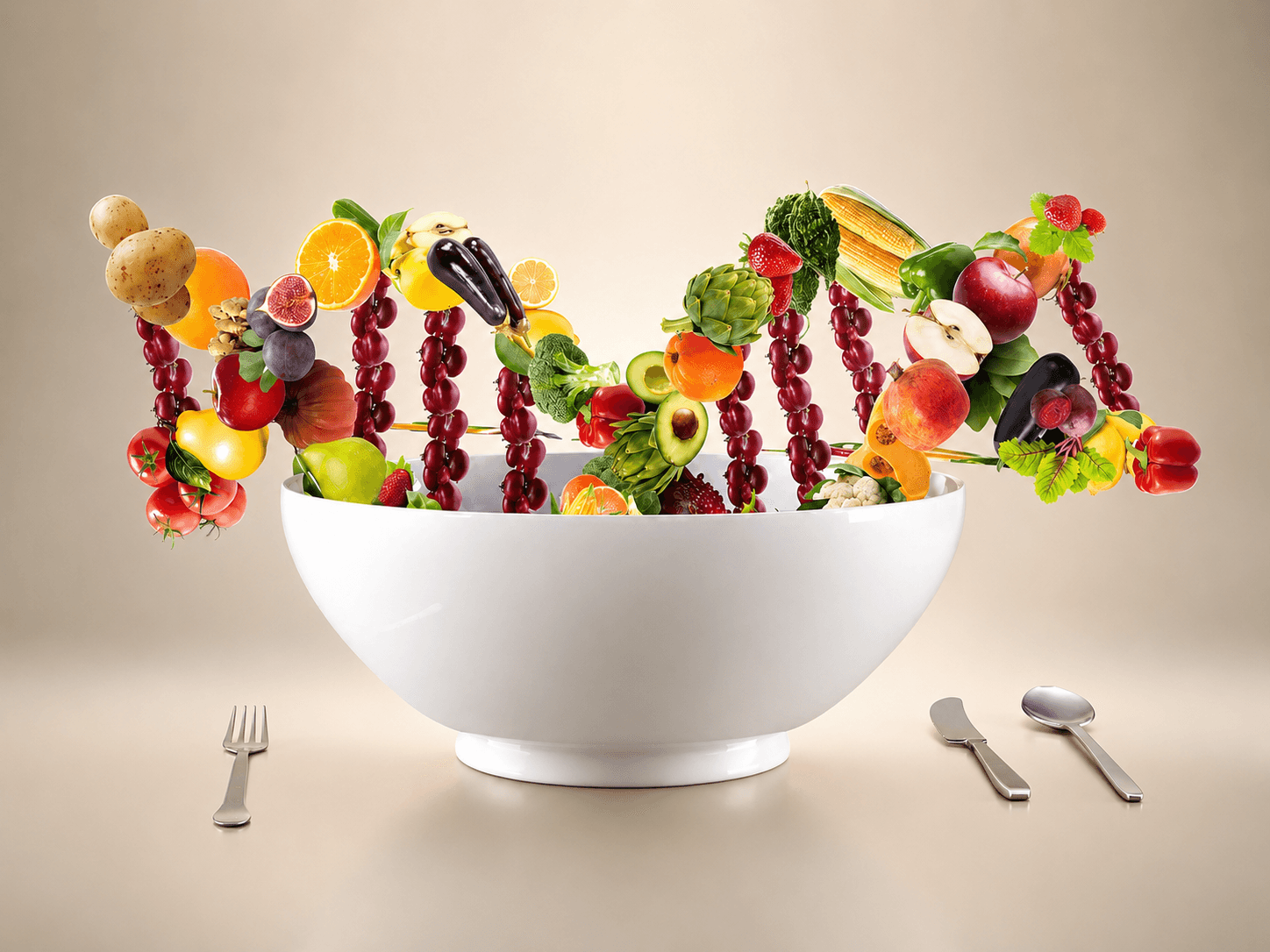 Conceptual 3D visualization of a DNA double helix made of diverse fruits and vegetables emerging from a white bowl on a black background, representing personalized nutrition and nutrigenomics.