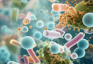 Աղիքային տարբեր բակտերիաների և միկրոօրգանիզմների մակրո պատկեր, որը ցույց է տալիս միկրոբիոմի բազմազանությունը: