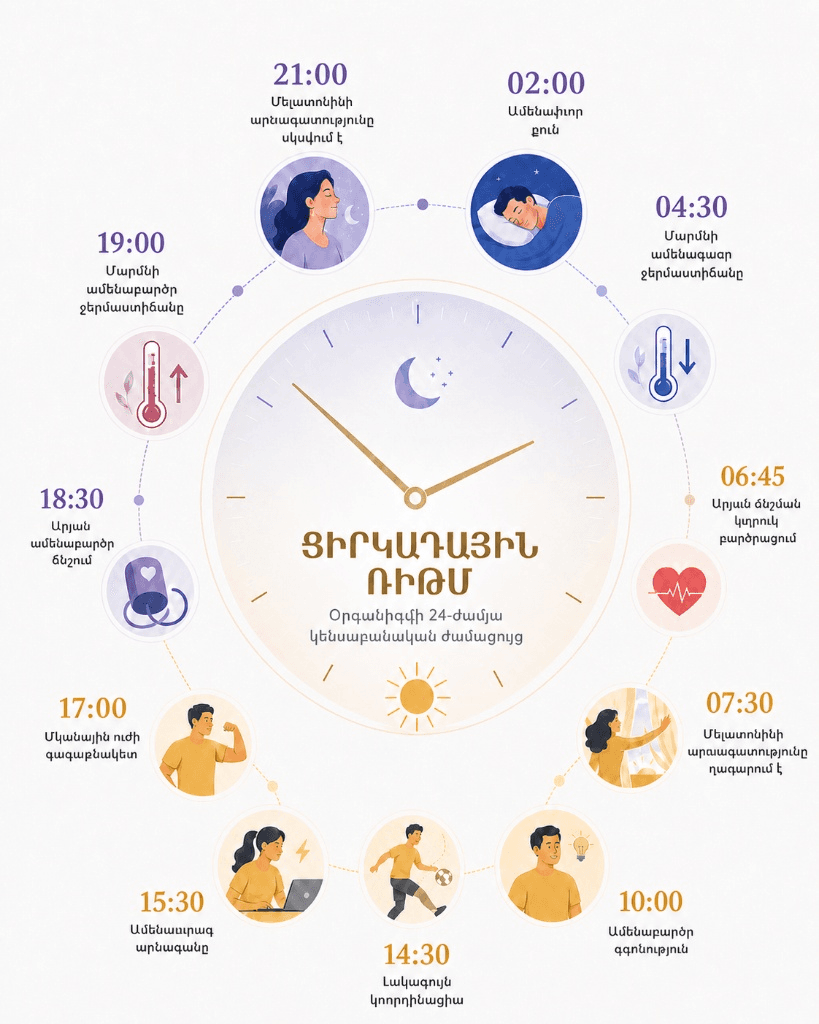 Մարդու 24-ժամյա ցիրկադային ռիթմի ինֆոգրաֆիկա՝ լուսային օրվա և կենսաբանական գործընթացների համաժամեցմամբ: